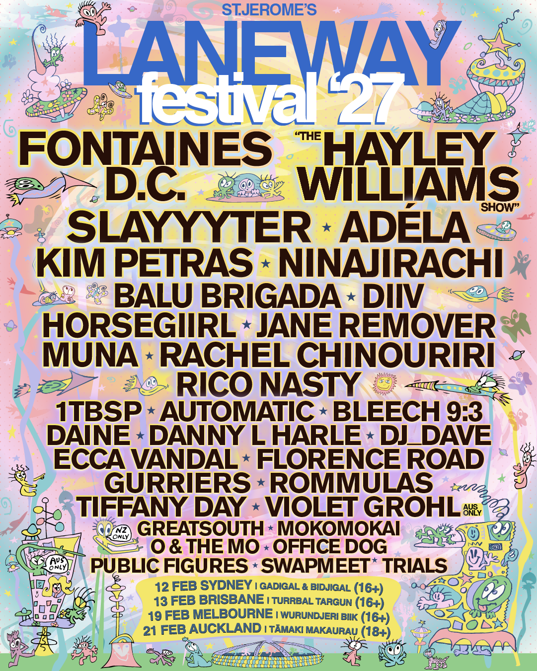 Lineup poster for St. Jerome's Laneway Festival '27 featuring Fontaines D.C., Hayley Williams, Slayyyter, and Adéla.